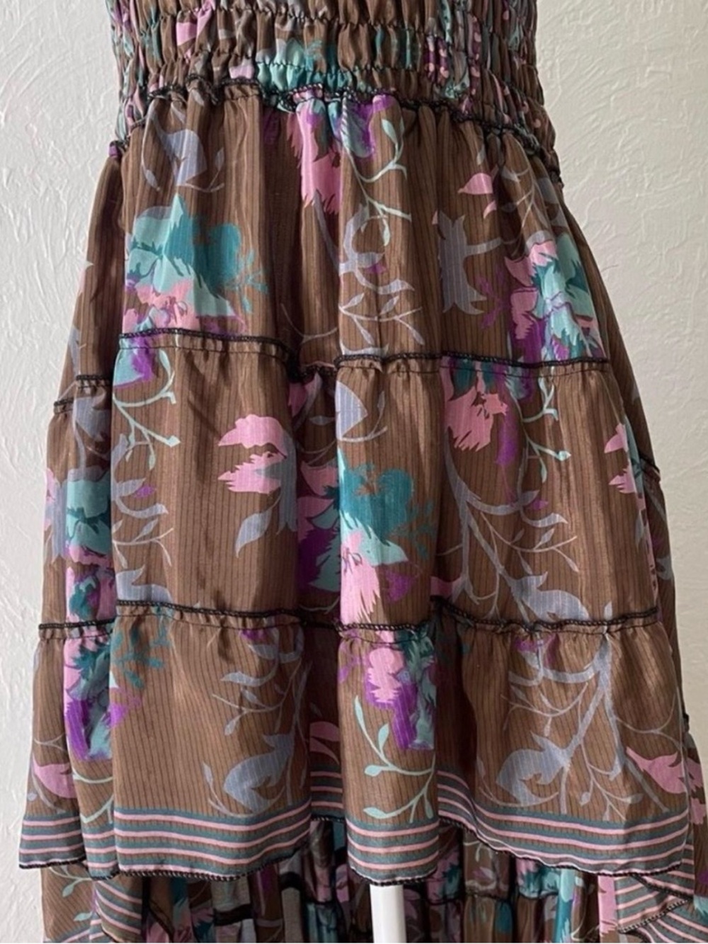 100% silk Asymmetrical Hem Whimsical Fairy Floral Brown Purple Strapless Dress M - Picture 4 of 5